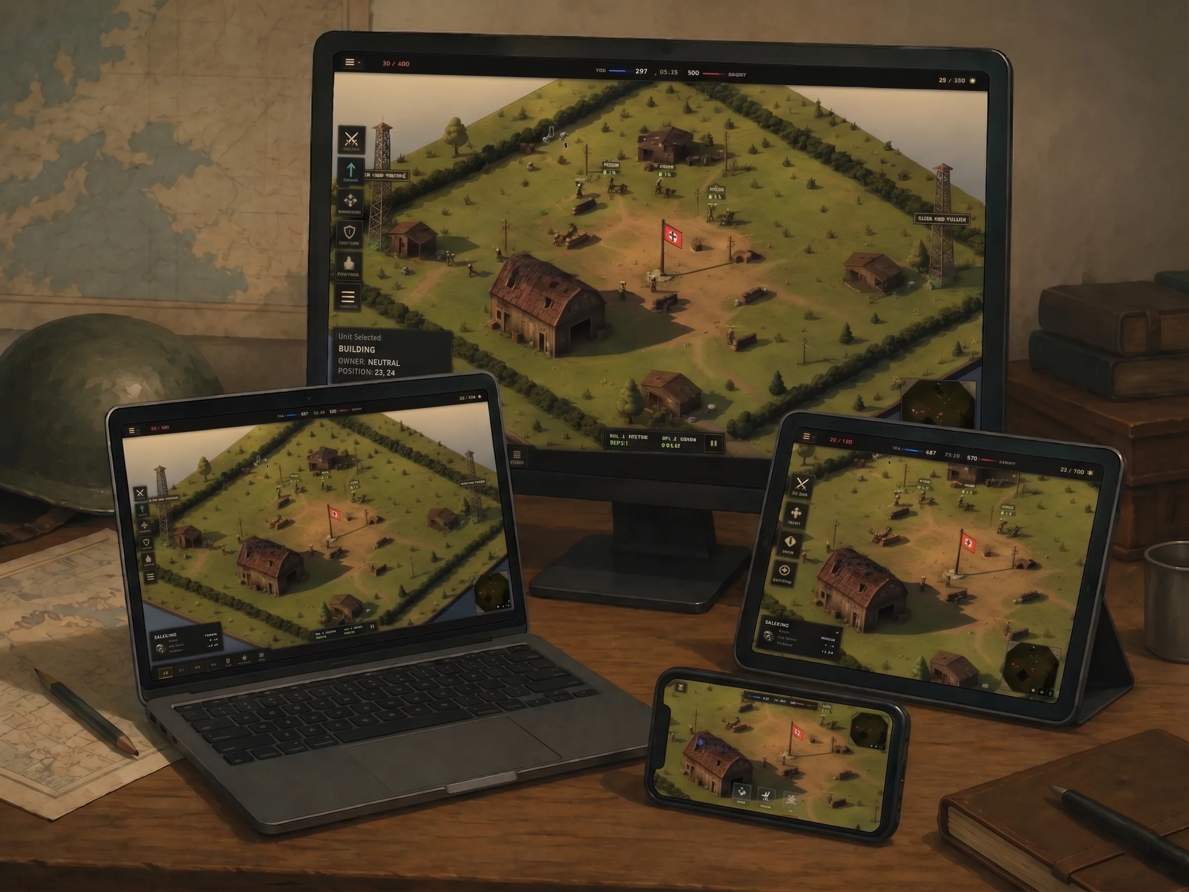 Play Field of Command in the browser and on desktop, tablet, and phone—with one account and shared progression.