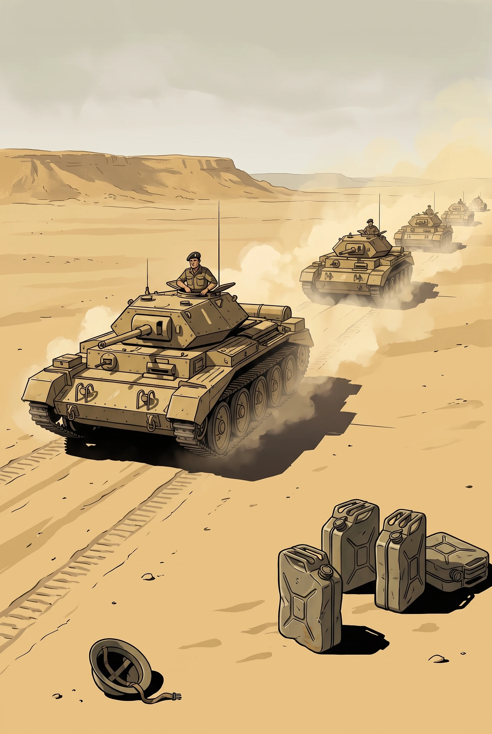 Illustrated armoured column crossing the desert