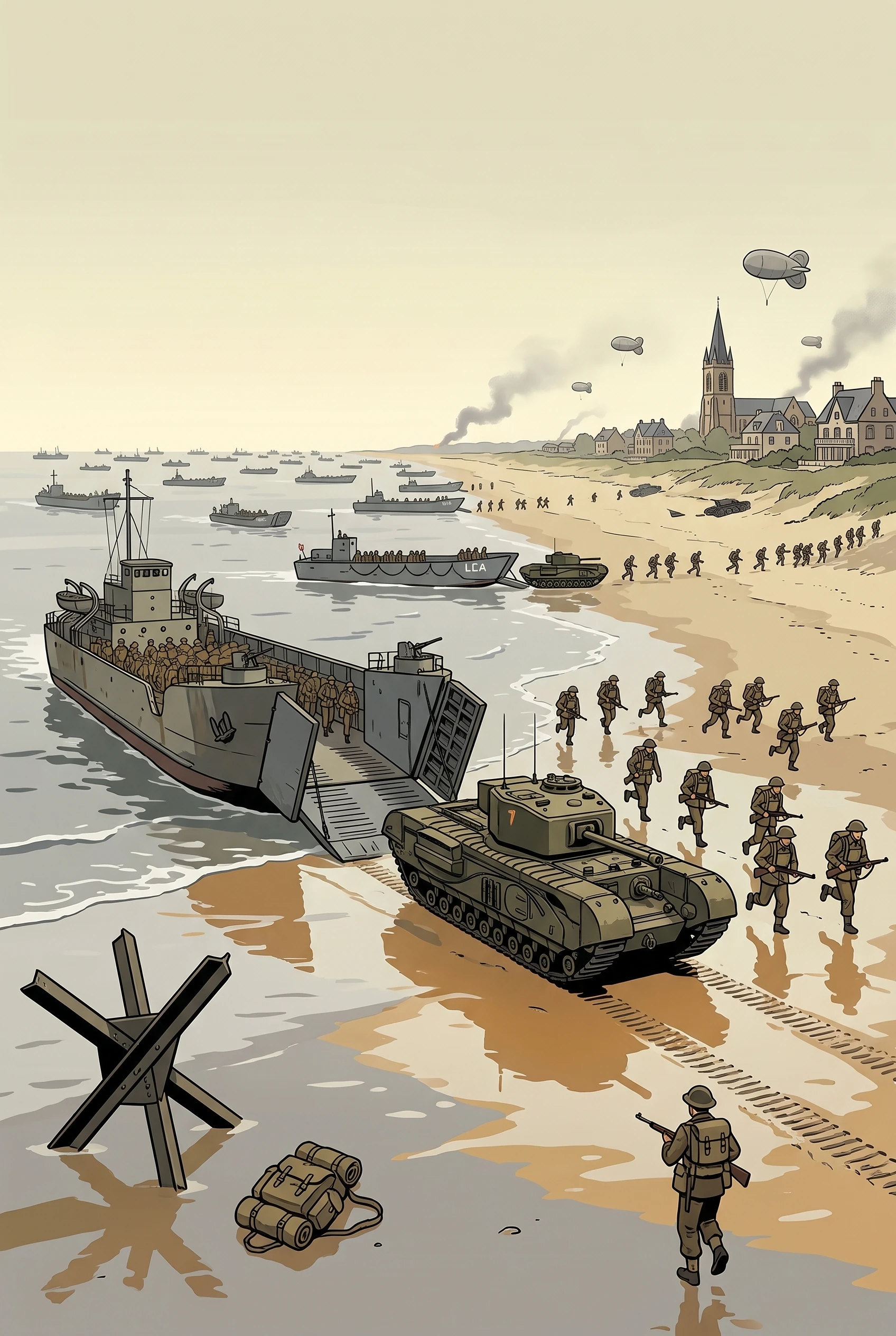 Illustrated landing craft and armour on a Normandy beach
