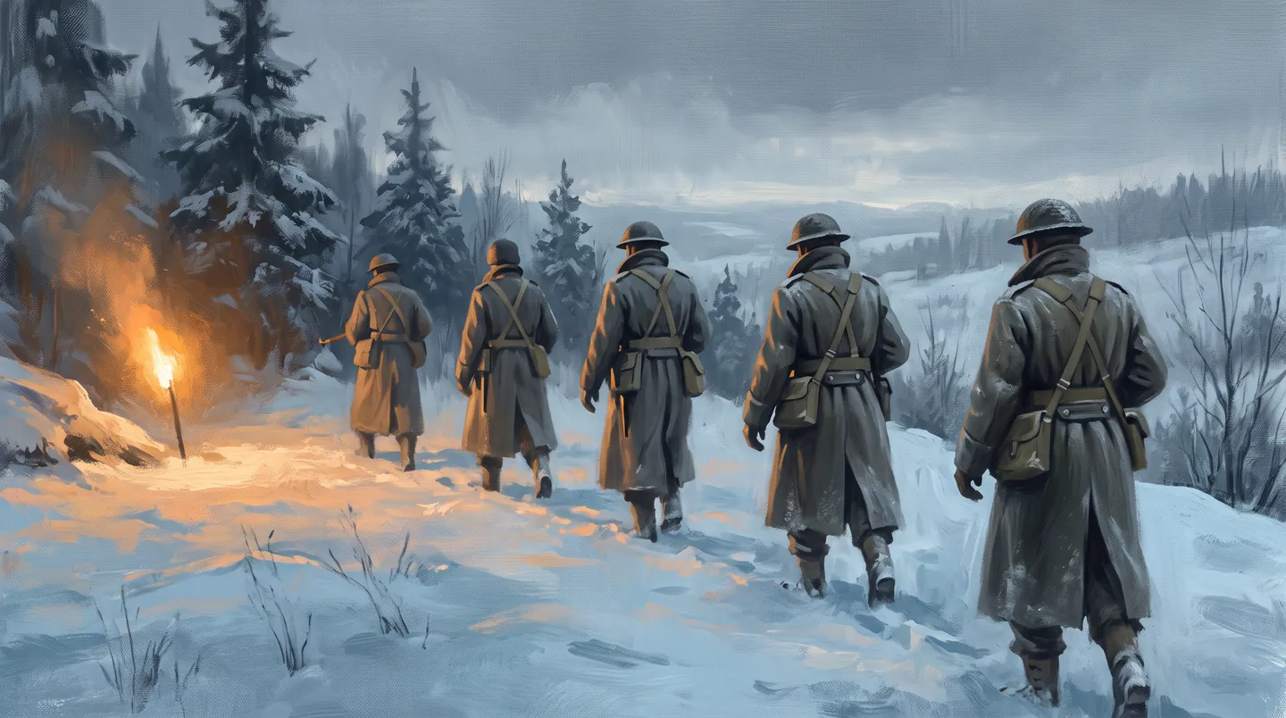 British patrol moves through a cold border landscape