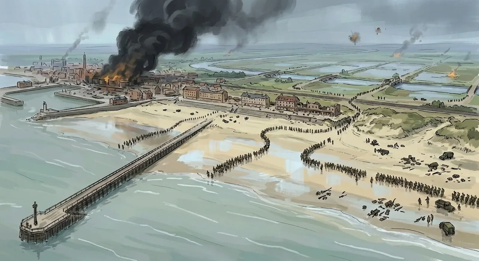 Illustrated view across the beaches and harbour at Dunkirk