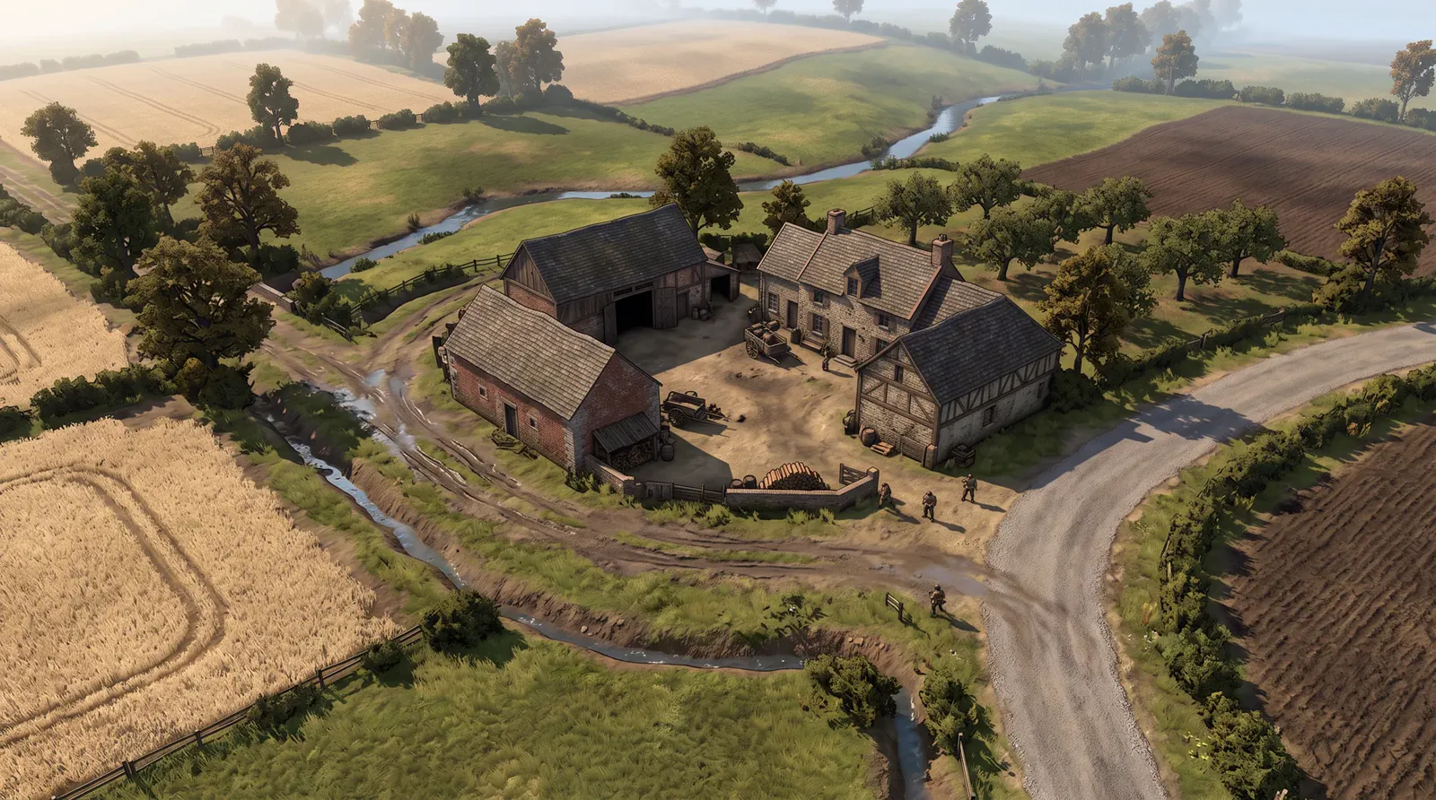 Battlefield concept showing a farm and stream near Étaples
