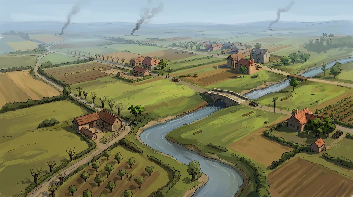Illustrated countryside cut by a river and stone bridge, showing the approved landscape direction