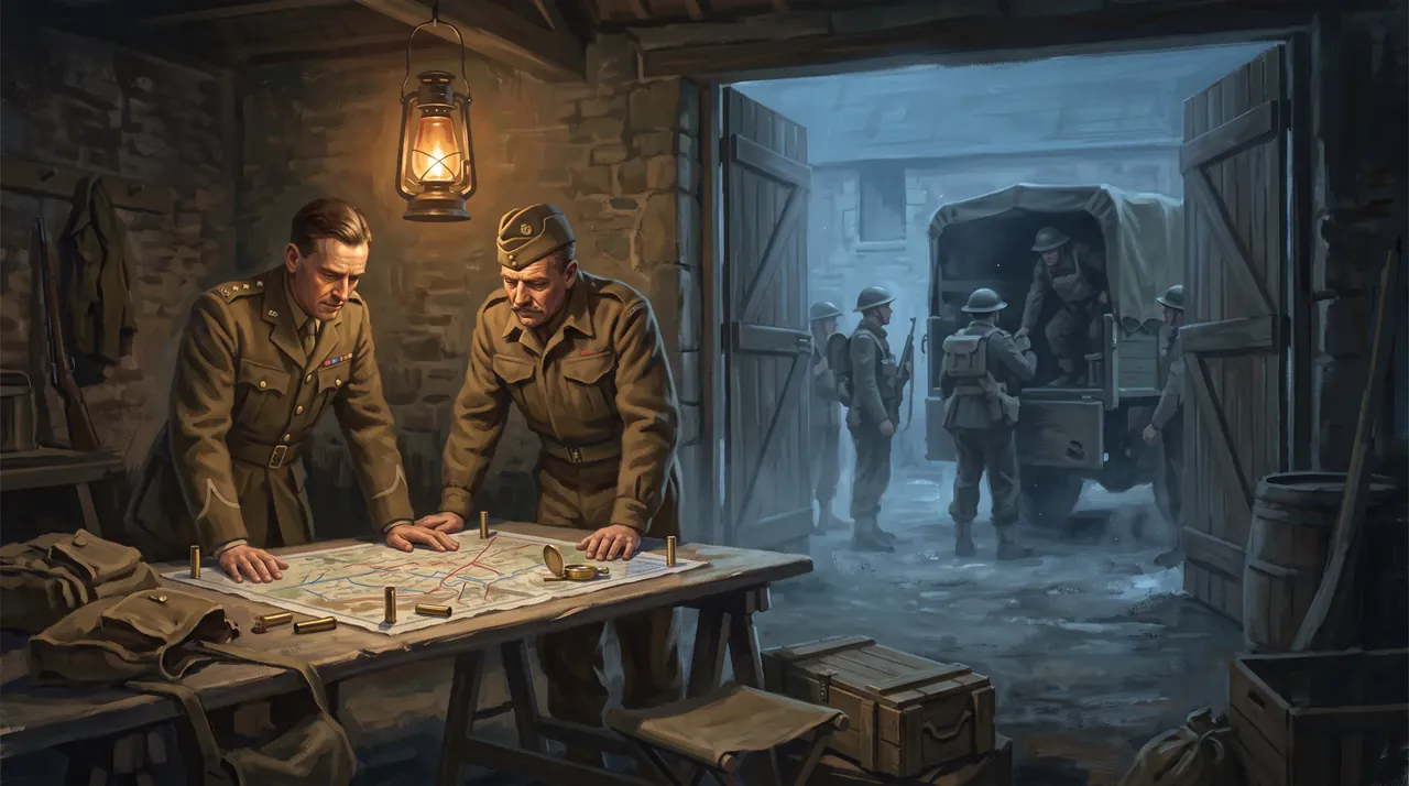 Two British officers study a map as troops deploy from a barn