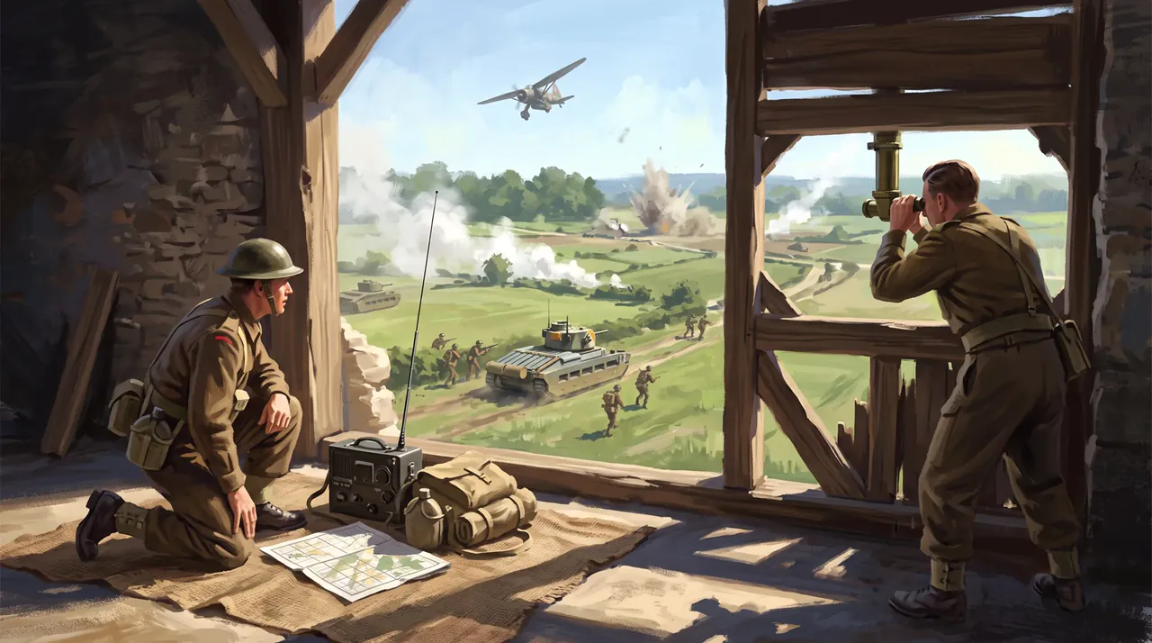 British troops observe an armoured battle from a ruined building