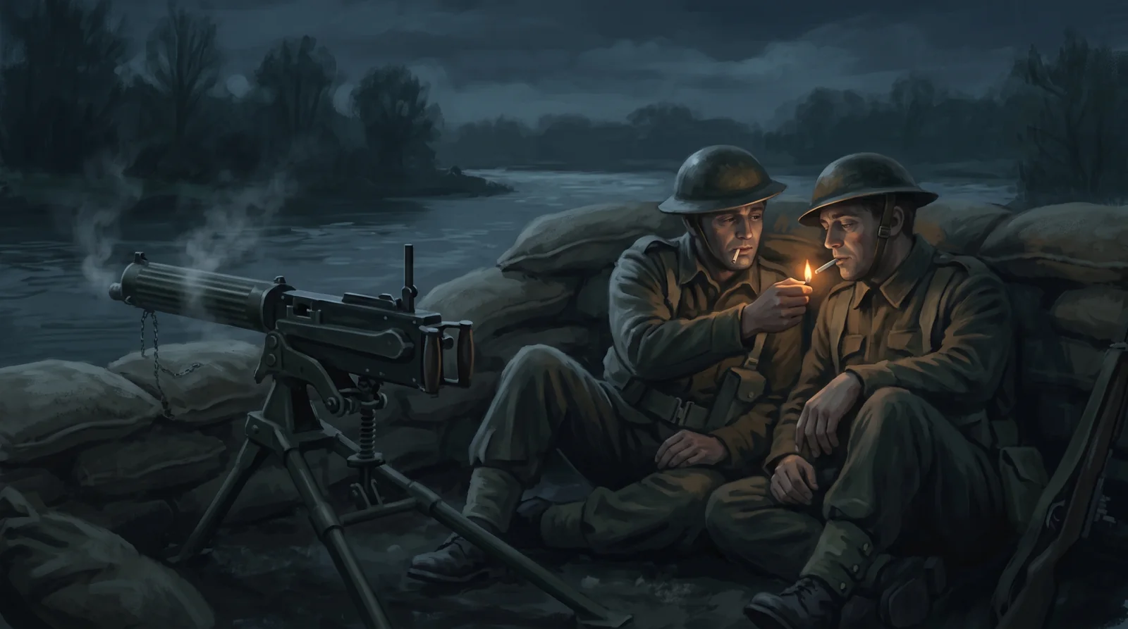 Illustrated British troops holding the Dyle Line during a World War II battle